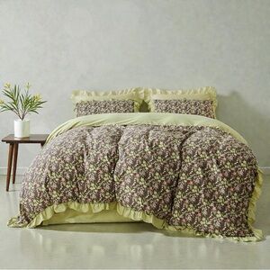 NEW Anthro Green Ruffle Floral Cotton Boho Queen / King Bedding Duvet & Sham Set